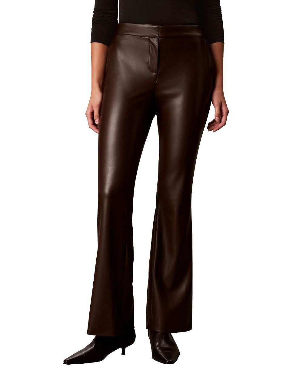Calvin Klein Women's Diagonal Pocket Boot Leg High-Waisted Faux Leather Pants