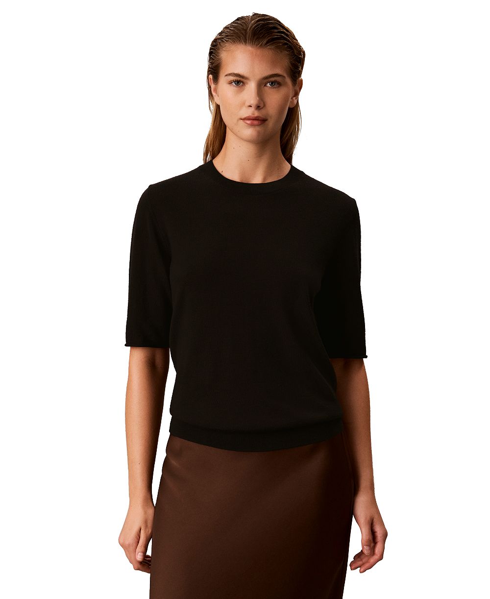 Calvin Klein Women's Roll-Tab Short-Sleeve Crewneck Sweater