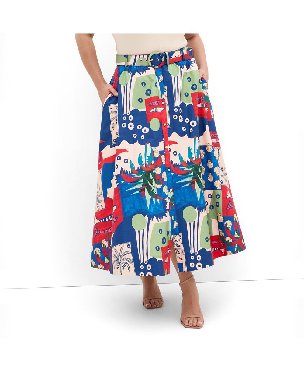 Женская юбка Plus Size CITY CHIC Elysia Marine Print Belted Cotton Skirt