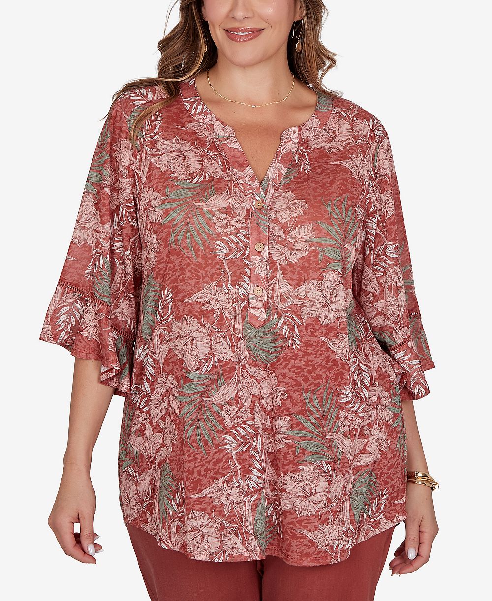 Топ Ruby Rd. Plus Size Tropical Floral Burnout Split Neck