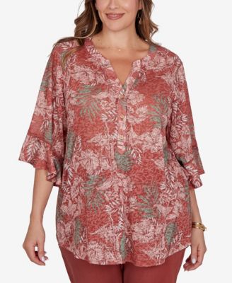 Ruby Rd. Plus Size Tropical Floral Burnout Split Neck Top