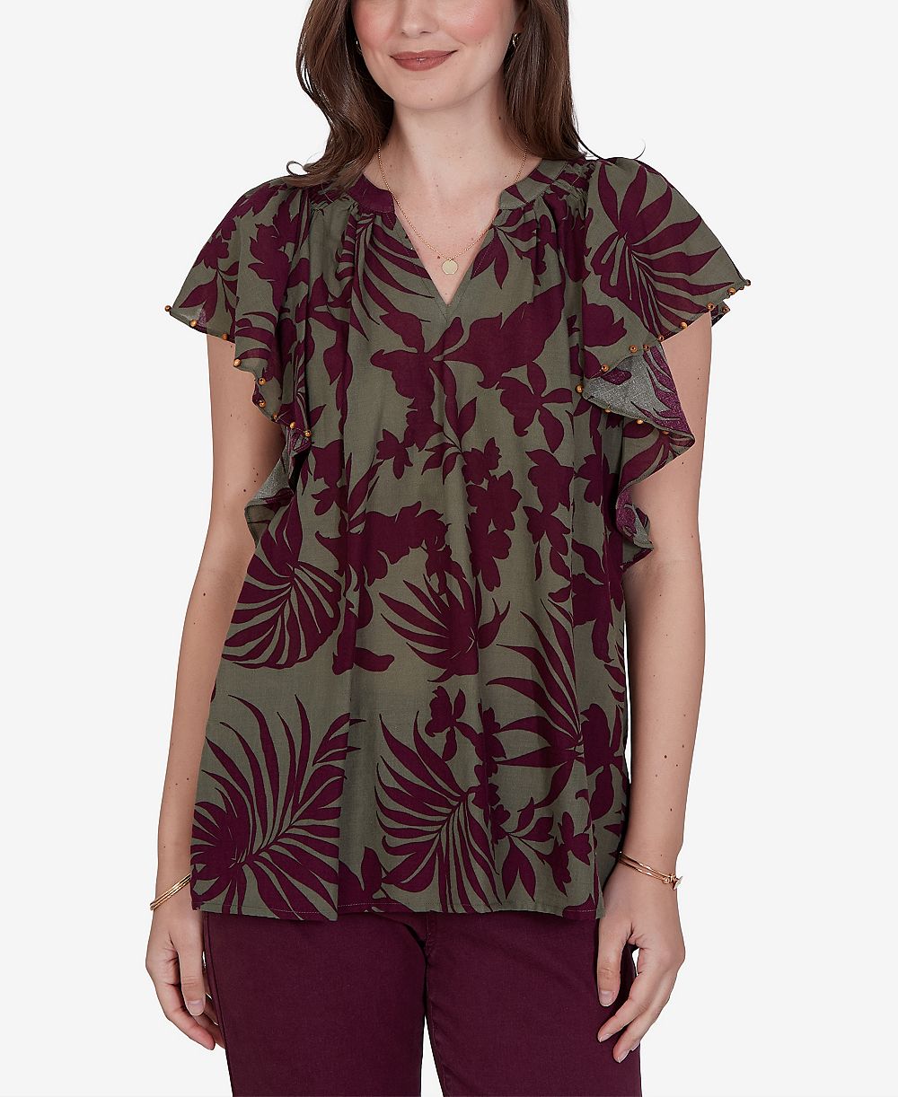 Ruby Rd. Petite Tropical Print Gauze Flutter-Sleeve Top