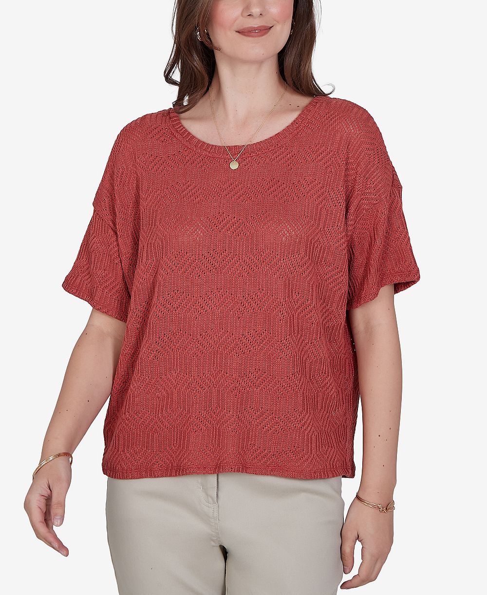 Ruby Rd. Petite Crochet Diamond Textured Knit Top