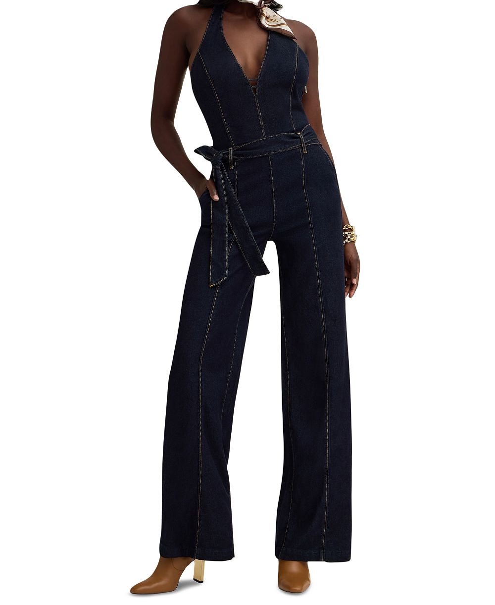GUESS Women's Emory Sleeveless Halter Wide-Leg Denim Jumpsuit