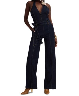 GUESS Women's Emory Sleeveless Halter Wide-Leg Denim Jumpsuit