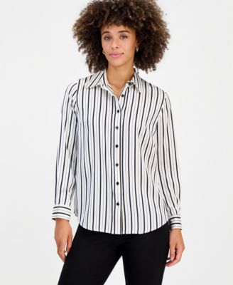 Kasper Petite Collared Button-Front Long-Sleeve Blouse