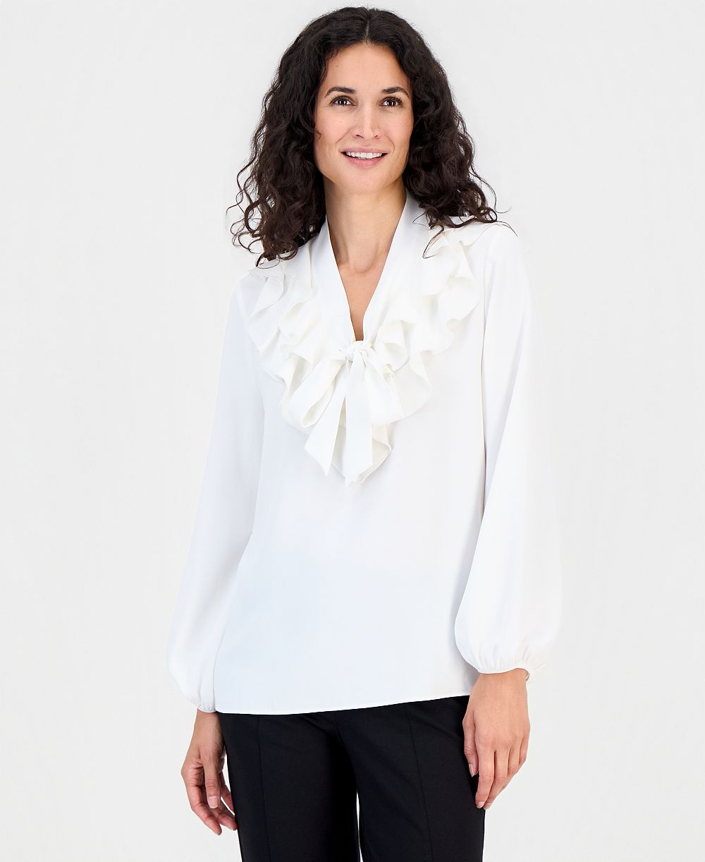 Kasper Blouse Petite с воланами на шее и завязками, длинный рукав