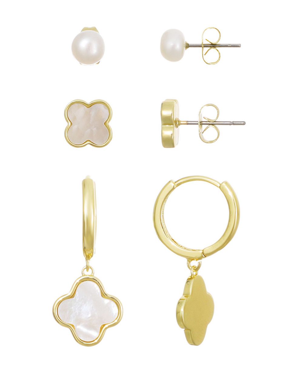 Серьги ADORNIA Gold Natural Freshwater Pearl and Clover, 3-Piece Set
