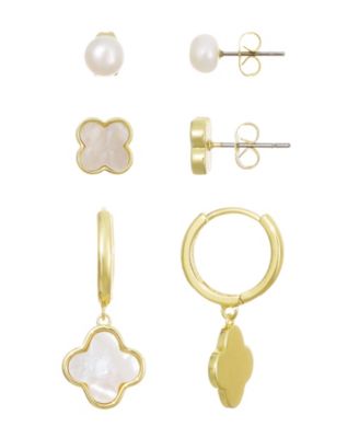 Серьги ADORNIA Gold Natural Freshwater Pearl and Clover, 3-Piece Set