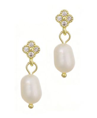 ADORNIA Gold Natural Freshwater Pearl Cubic Zirconia Clover Drop Earrings