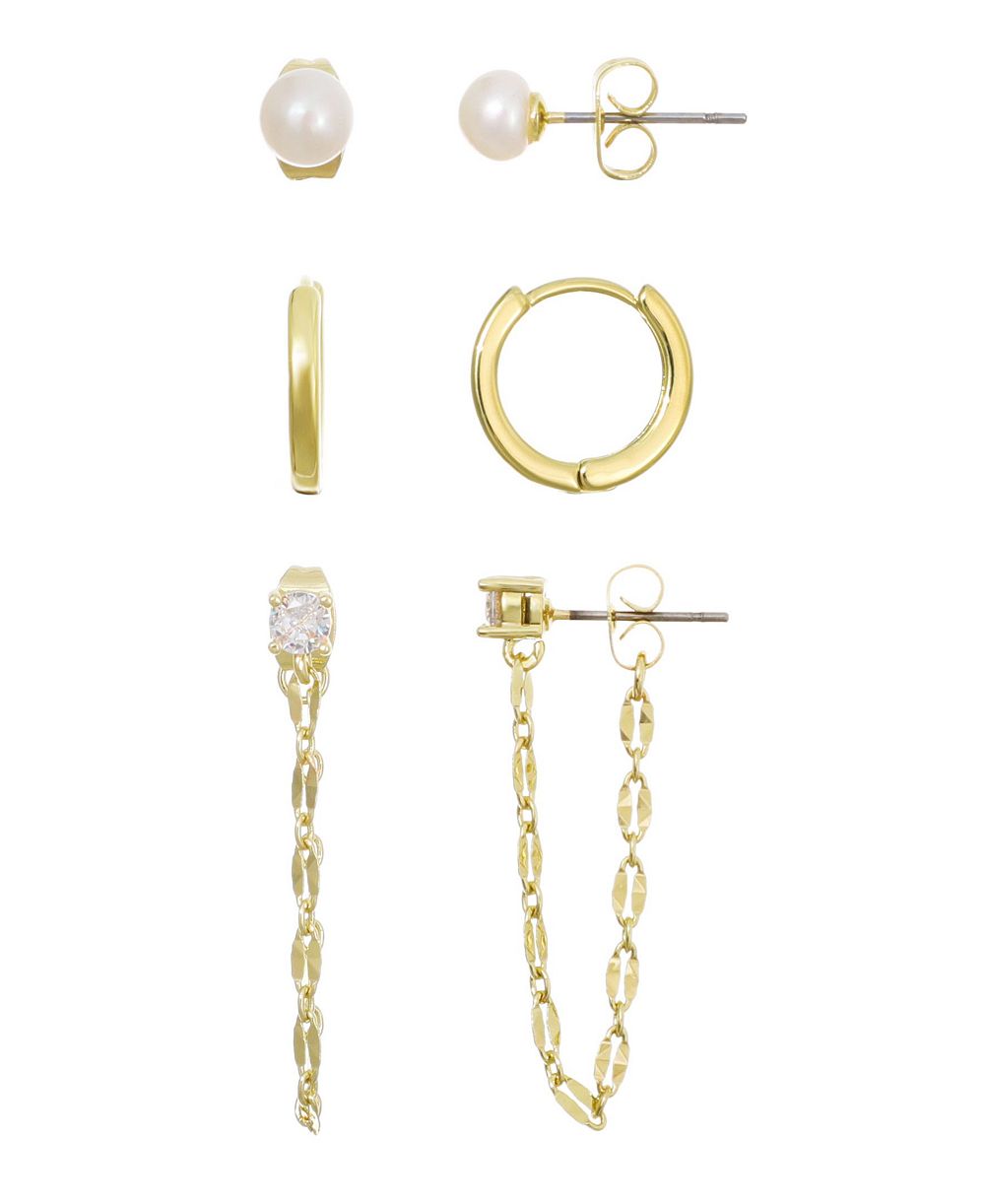 ADORNIA Gold Natural Freshwater Pearl Stud, Huggie and Drop Chain Earrings 3-Piece Set