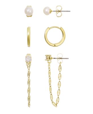 Набор серег ADORNIA Gold Natural Freshwater Pearl Stud, Huggie and Drop Chain 3-Piece Set