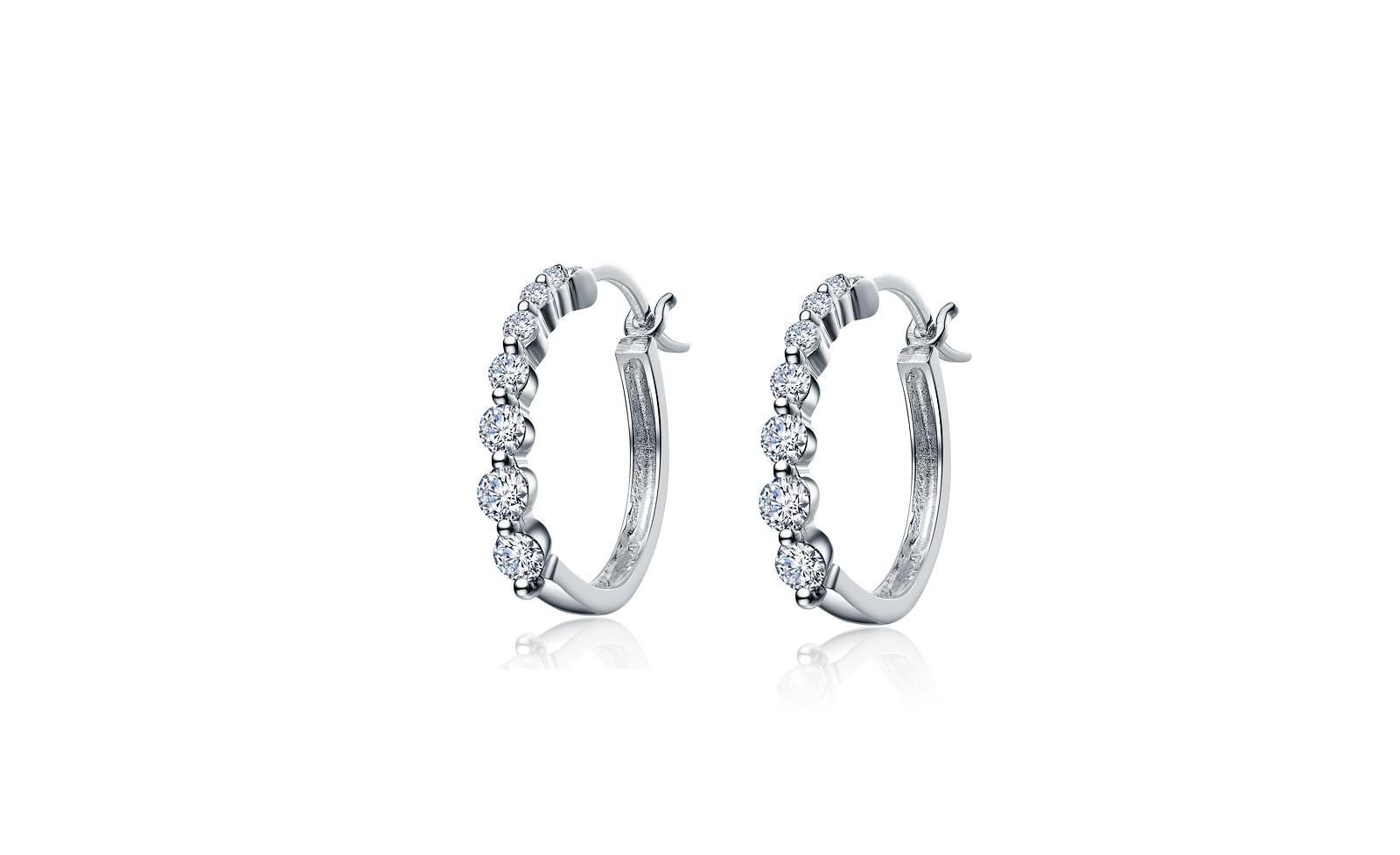 Genevive Timeless White Gold Plated CZ Small Graduated Hoop Earrings