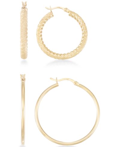 Комплект из 2 пар серег-колец с текстурой и полировкой, 14k Gold Over Sterling Silver и Sterling Silver