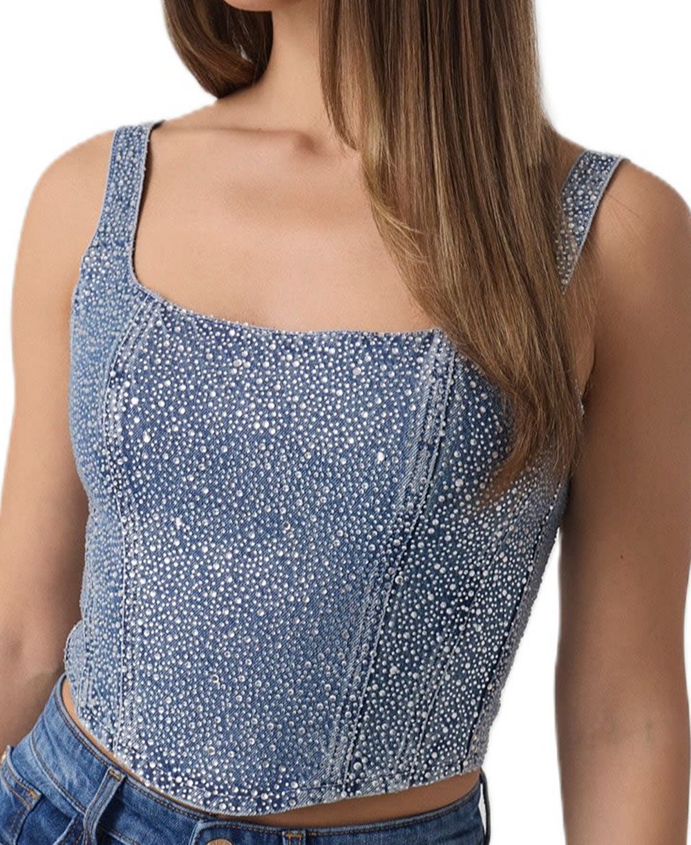 GUESS Women's Gala Square-Neck Embellished Sleeveless Denim Bustier
