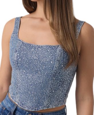 GUESS Women's Gala Square-Neck Embellished Sleeveless Denim Bustier