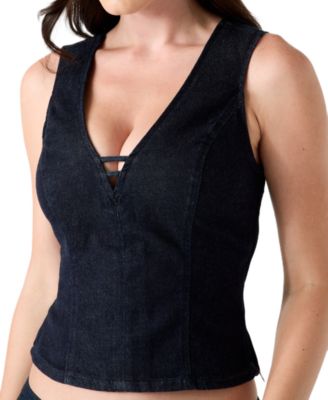 GUESS Women's Briley Plunging V-Neck Cropped Sleeveless Denim Top