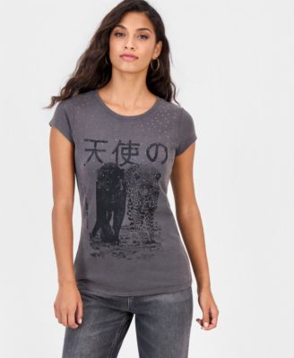 GUESS Women's Graphic Boxy Raw-Edge T-Shirt