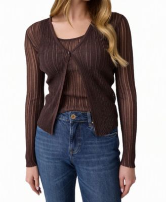 GUESS Women's Audrey V-Neck Long-Sleeve Sheer Lurex Cardigan