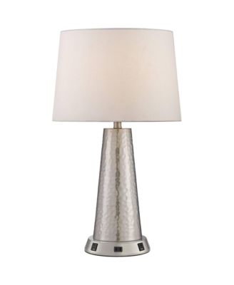 360 Lighting Modern Table Lamp with USB and AC Power Outlet Workstation Charging Base 25.75" High Hammered Silver Leaf Drum Shade Living Room