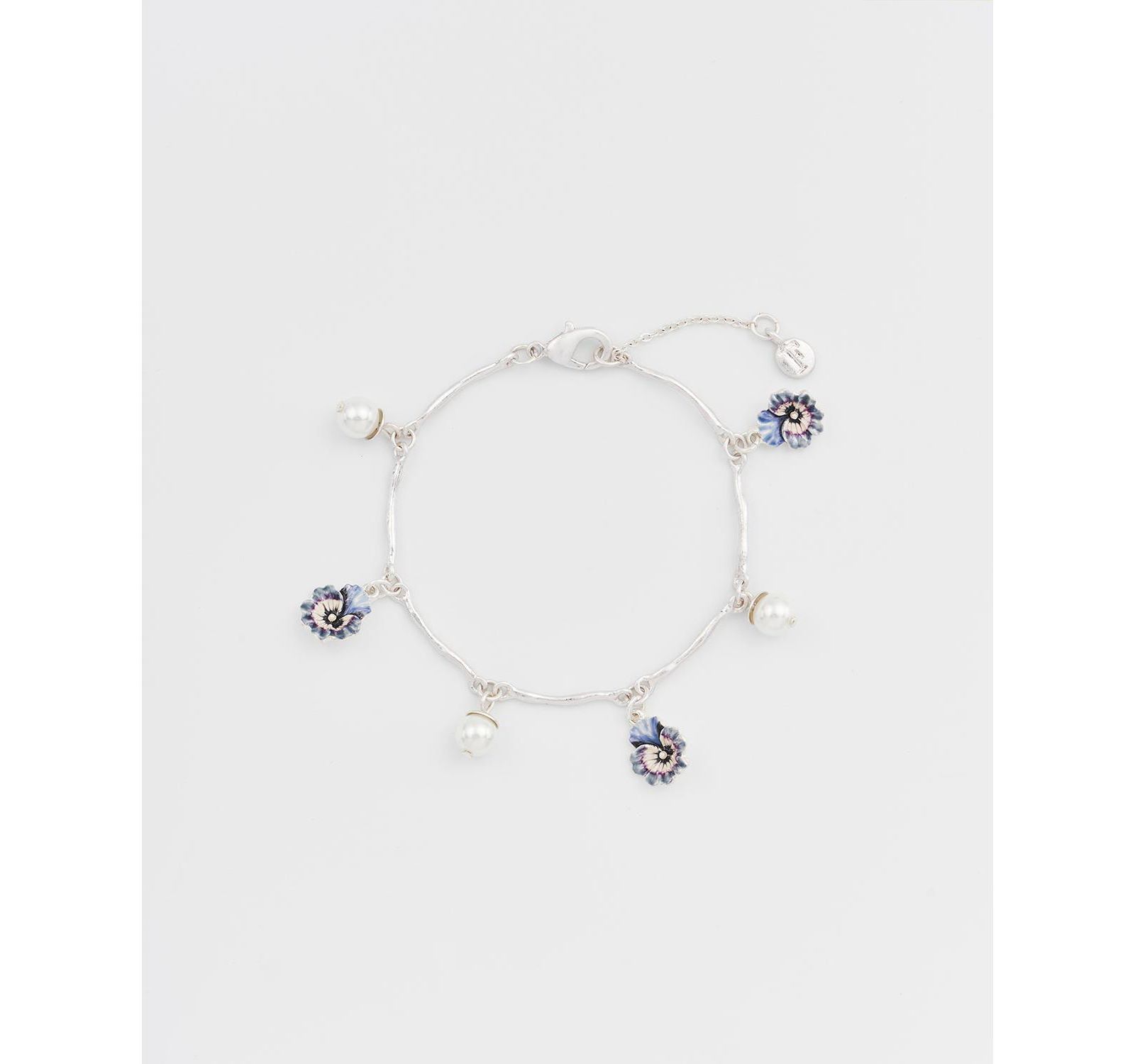 Fable England Silver Pansy and Pearl Charm Bracelet
