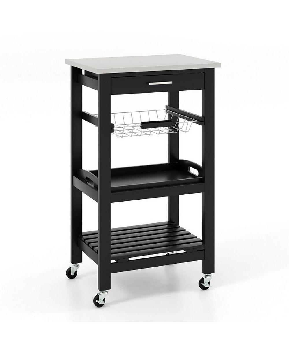 GOUUN Kitchen Rolling Island Cart with Stainless Steel Tabletop and Wire Basket
