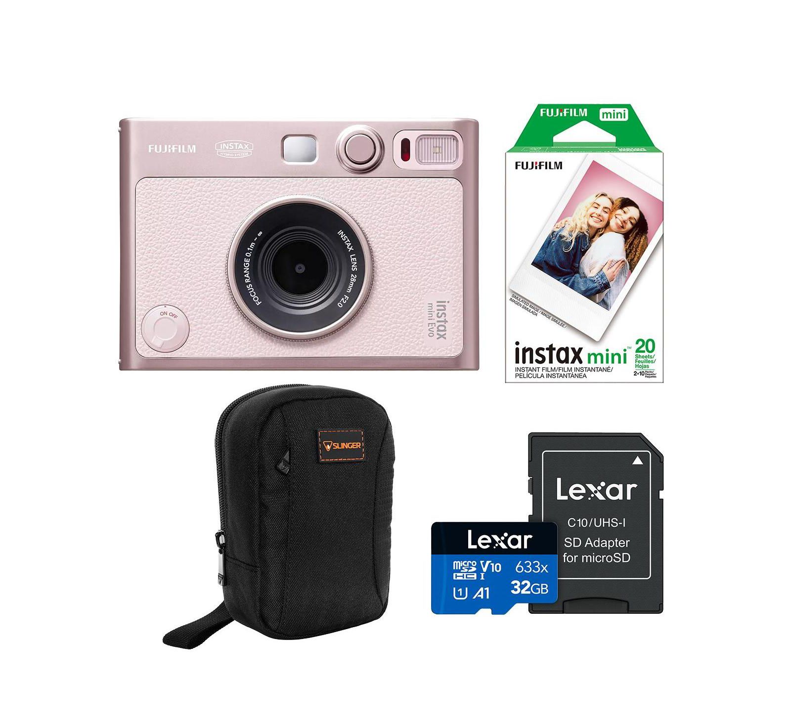 Fujifilm Instax Mini Evo камера мгновенной печати, розовый, комплект с пленкой Fujifilm Instax Mini (20 шт.), сумкой Slinger Alpine 2 и картой Lexar HP 633x microSD