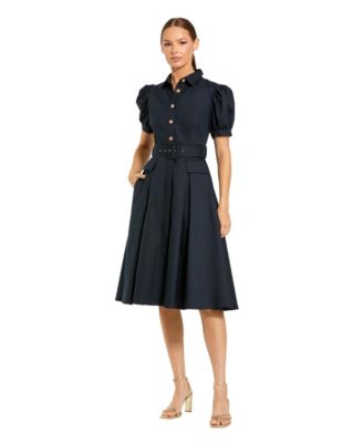 Mac Duggal Women's Puff Sleeve Shirt Dress with Belted Waist