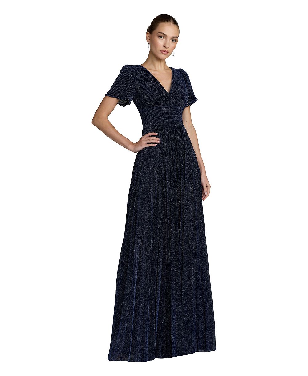 Mac Duggal Women's Pleated Metallic Flutter Sleeve A Line Gown