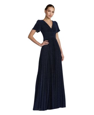 Mac Duggal женское вечернее платье A-line с плиссировкой и рукавами flutter, металлик