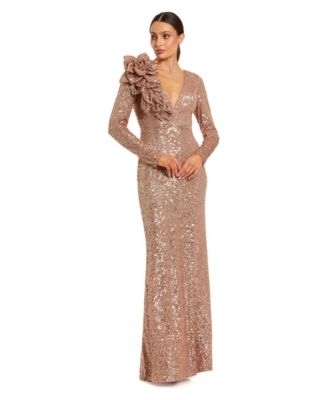 Mac Duggal Women's V-Neck Sequin Evening Gown with 3D Floral Applique