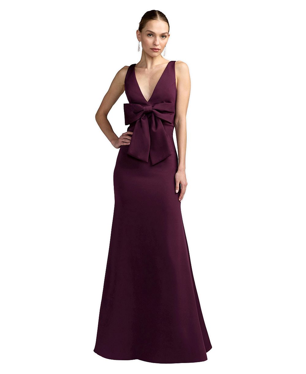 Mac Duggal Women's Crepe Sleeveless V Neck Column Dress With Bow