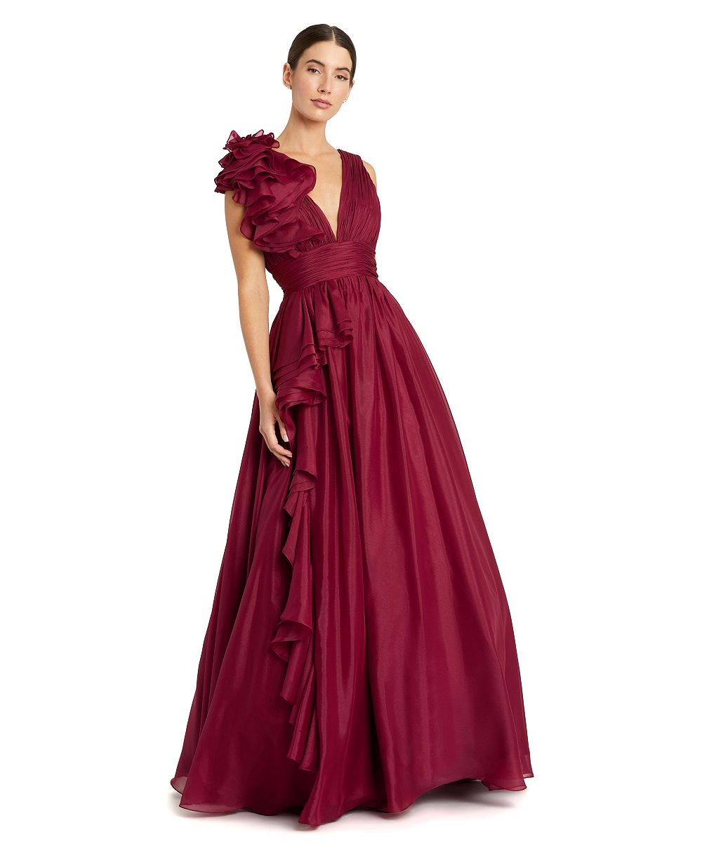 Mac Duggal Petite Ruffle Shoulder V-Neck A-Line Evening Gown