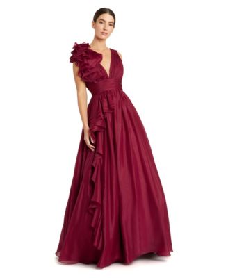 Mac Duggal Petite Ruffle Shoulder V-Neck A-Line Evening Gown