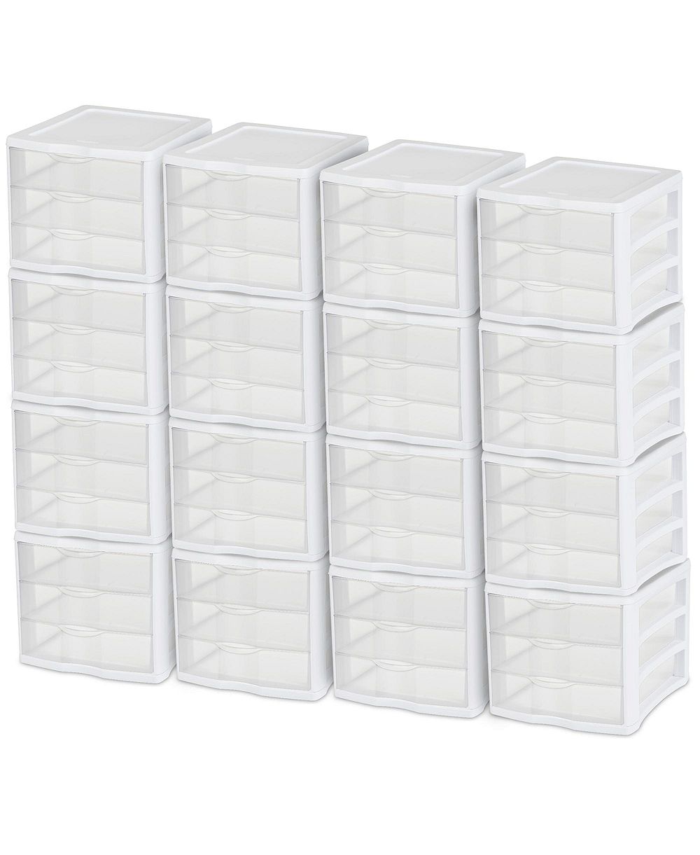 Sterilite ClearView Compact Stacking 3 Drawer Storage Organizer System, 16 Pack
