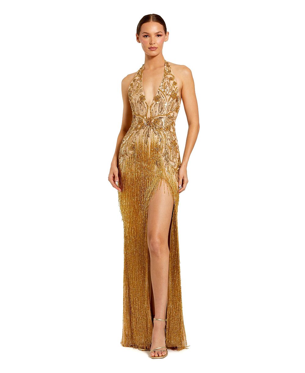 Mac Duggal Женское вечернее платье с декором, вырезом халтер и разрезом с бахромой