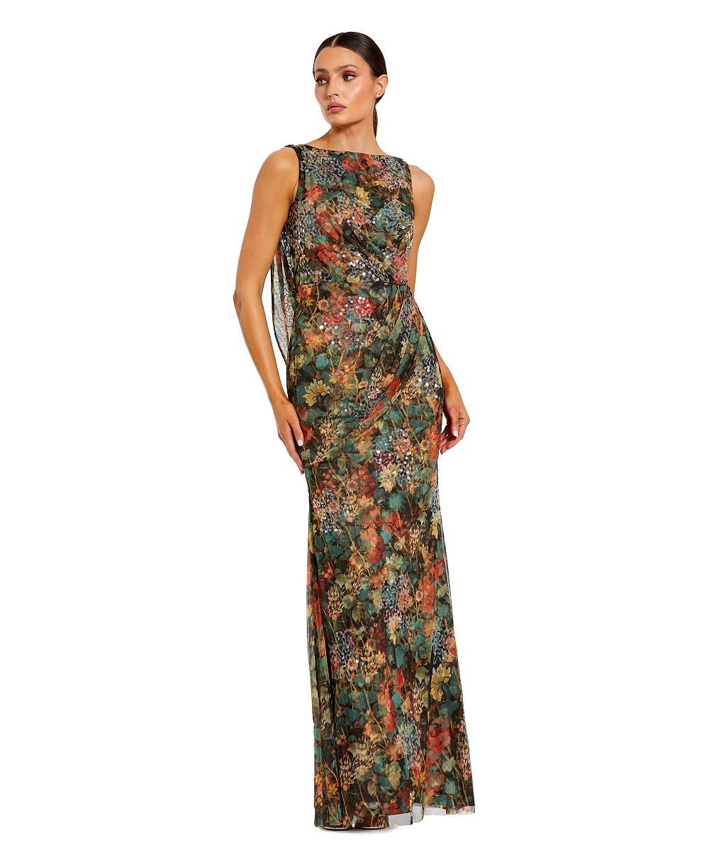 Mac Duggal Women's Sequin Floral Ruched Draped-Back Gown