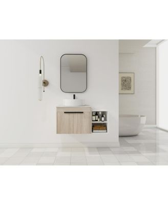 Sillysis Wall Mounted Bathroom Vanity with Ceramic Vessel Sink, Side Storage Shelf, Soft Close Doors, Modern Floating Cabinet