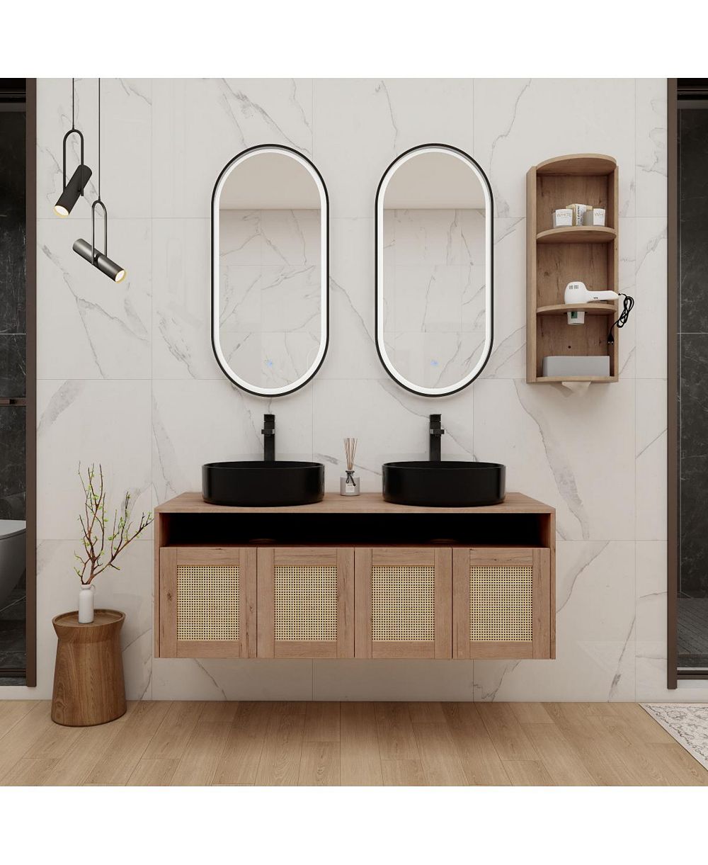 Sillysis Wall Mounted Double Bathroom Vanity Set, Modern Plywood Cabinet, Dual Vessel Ceramic Sinks, Open Storage Rack