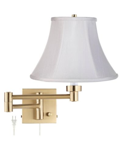 Barnes and Ivy Modern Swing Arm Wall Lamp Warm Antique Brass Plug-In Light Fixture Fabric Bell Shade Bedroom Bedside Reading