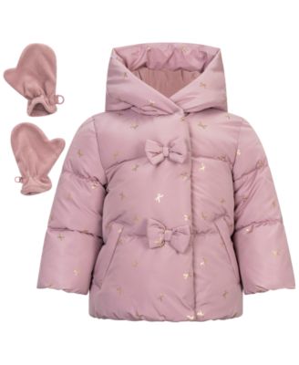 S Rothschild & CO Baby Girls' Hooded Foil-Print Fleece-Lined Puffer Jacket and Mittens, 2-Piece Set