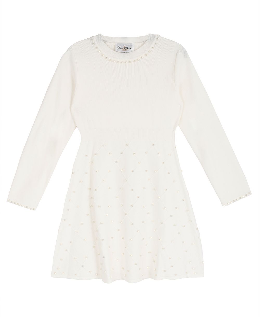 Rare Editions Girls' 7-16 Sweater Knit Imitation Pearl Embellished Long-Sleeve Fit & Flare Dress