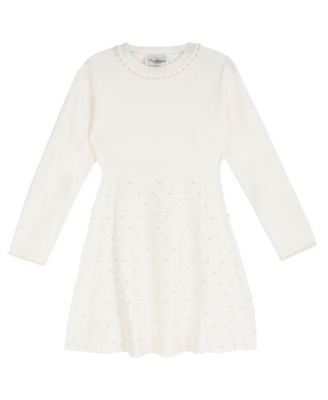 Rare Editions Girls' 7-16 Sweater Knit Imitation Pearl Embellished Long-Sleeve Fit & Flare Dress