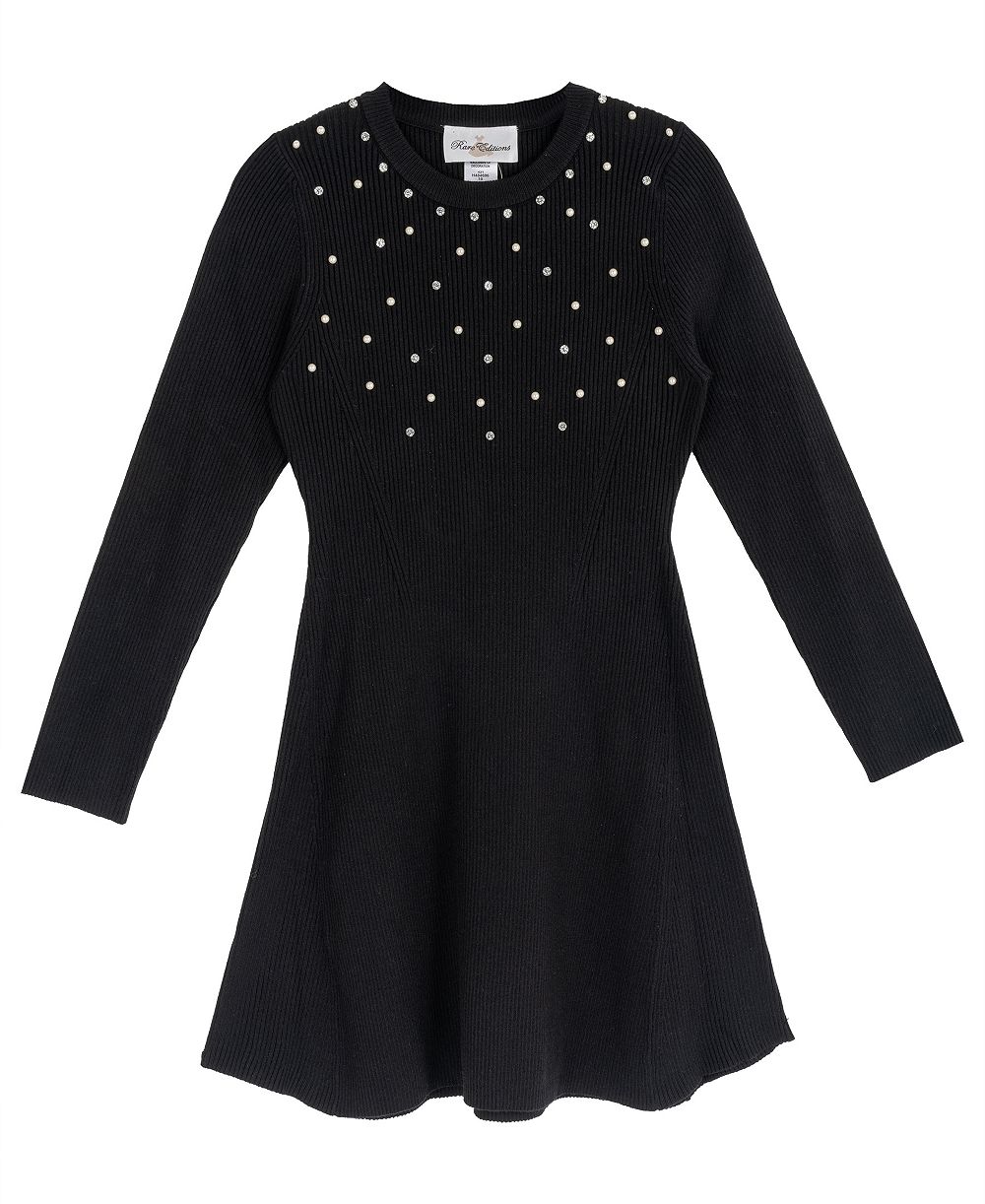 Rare Editions Girls' 7-16 Sweater Knit Imitation Pearl Long-Sleeve Fit-and-Flare Sweater Dress