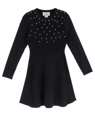 Rare Editions Girls' 7-16 Sweater Knit Imitation Pearl Long-Sleeve Fit-and-Flare Sweater Dress