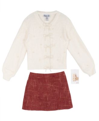 Stella 88 Girls' 7-12 Eyelash-Knit Imitation Pearl Detail Balloon-Sleeve Cardigan and Skort, 2-Piece Set