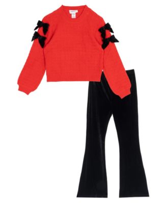 Stella 88 Girls' 7-12 Velvet Bow Balloon-Sleeve Flare Sweater and Pants, 2-Piece Set