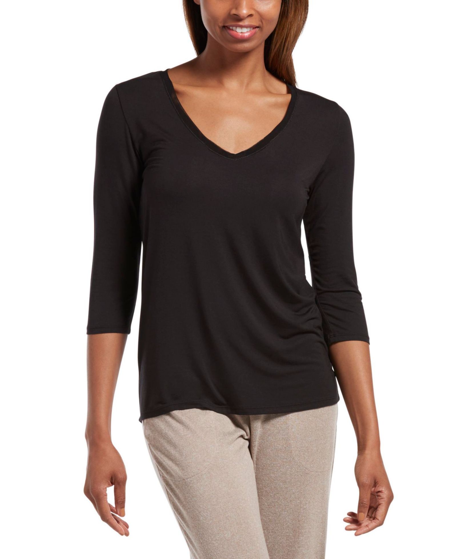 HUE Women's Sleepwell Solid 3/4 V-Neck T-Shirt with Temperature Regulating Technology