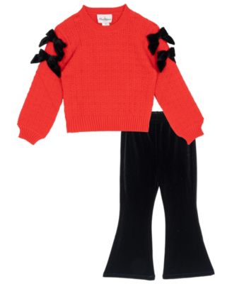 Rare Editions Girls' 4T-6x Long-Sleeve Velvet-Bow Top and Flare Pants, 2-Piece Set