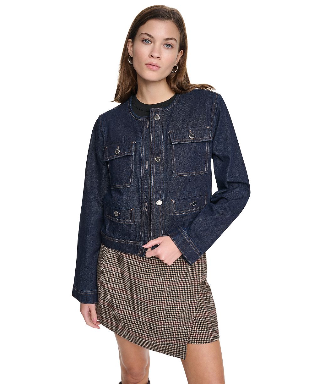 DKNY Jeans Women's Mixed-Media Cropped Denim Jacket
